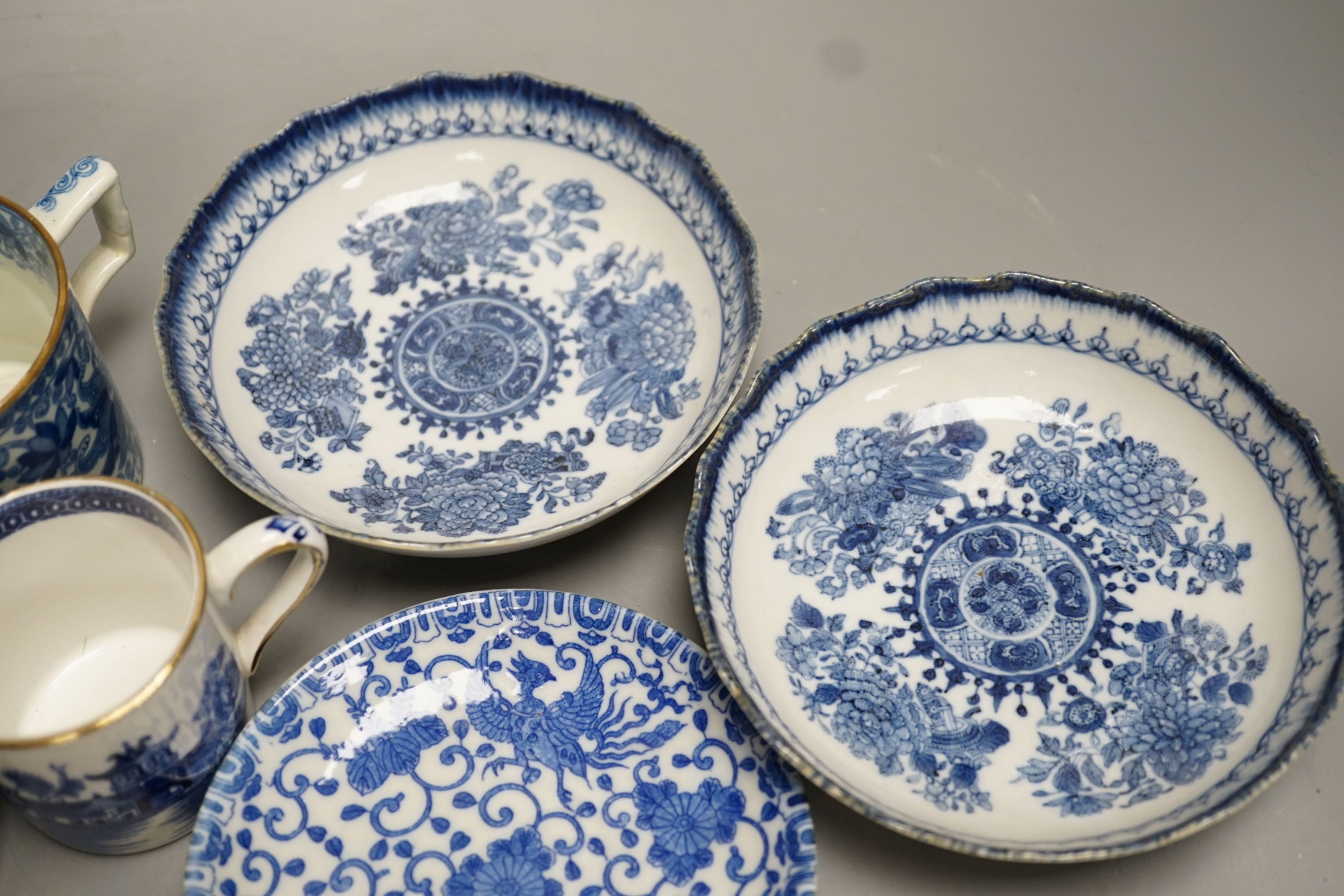 Mixed blue and white tableware including Burleigh ware, Wood’s and other 19th century blue and white china